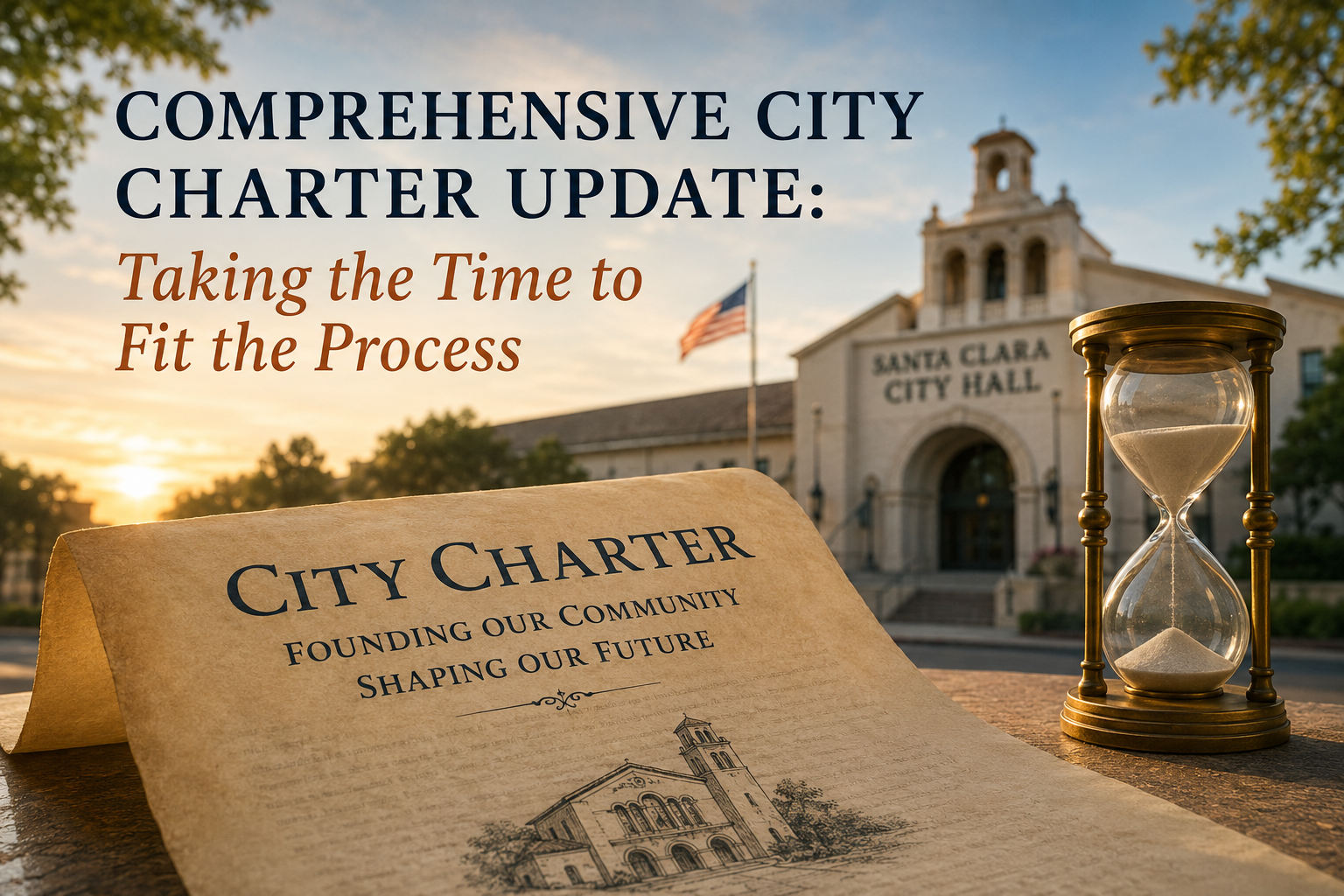 Comprehensive City Charter Update: Taking the Time to Fit the Process — Santa Clara City Hall with an hourglass and a City Charter scroll